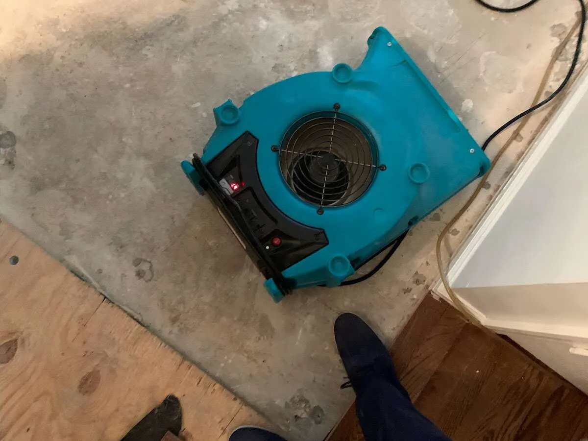 Air mover drying subfloor during Commercial Water Damage Restoration in Des Peres